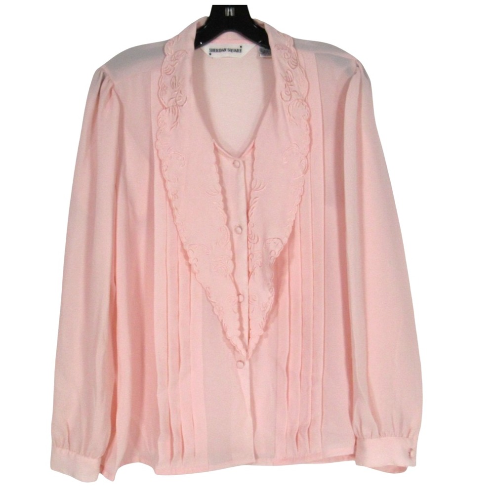 VTG SHERIDAN SQUARE Thin CREPE Pleated EMBROIDERED DRAPE COLLAR Blouse/Top Sz 12
